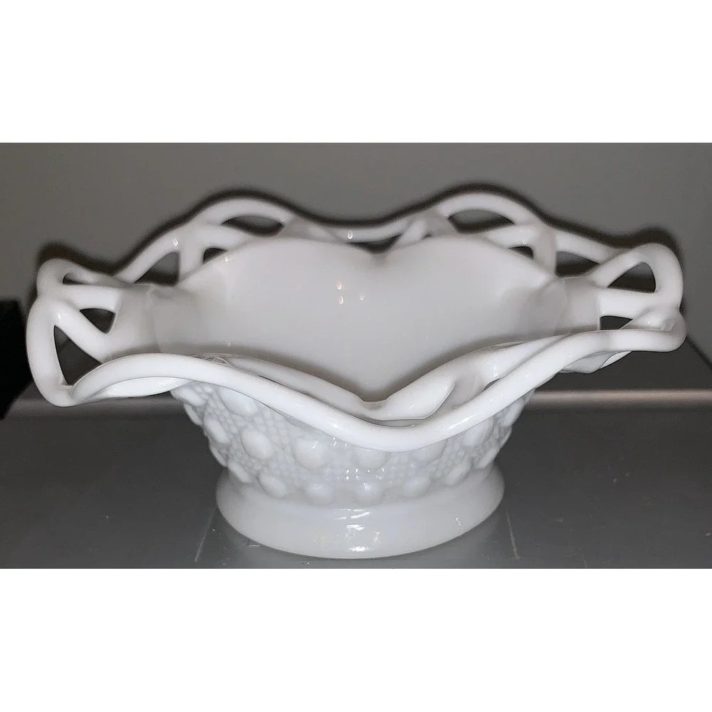 Vintage Imperial Milk Glass Lace Edge Lattice Bowl 6 in Decorative Footed Dish